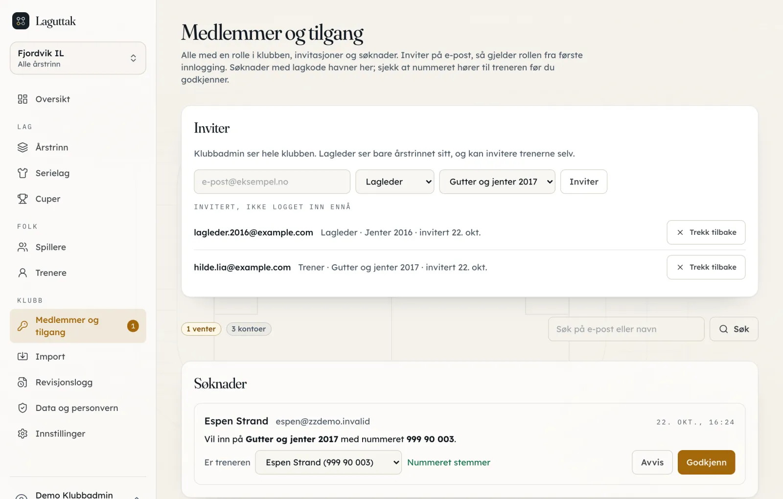 Medlemmer og tilgang: invitasjon på e-post med rolle og årstrinn, og en søknad der nummeret stemmer med treneren